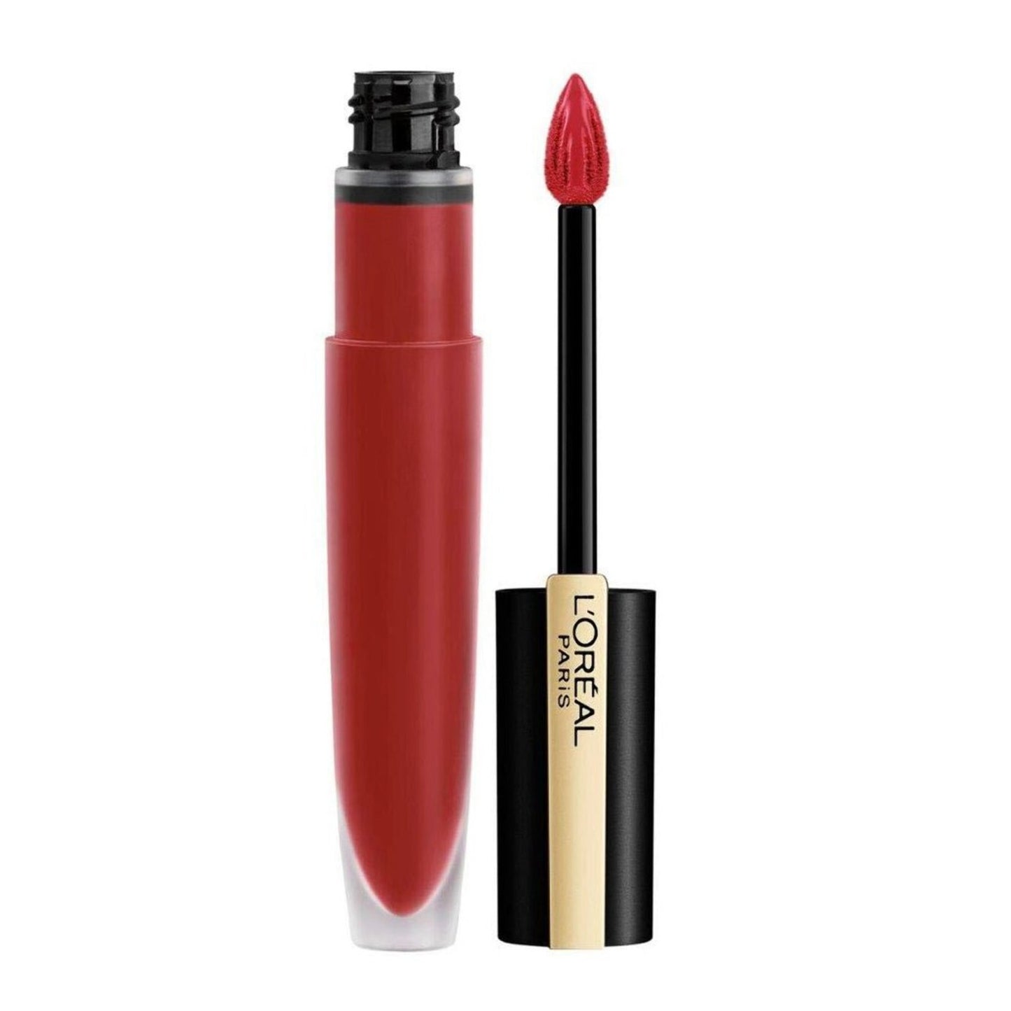 Open tube of red liquid lipstick with black and gold cap, applicator wand showing a pointed doe-foot tip coated in matching red shade, plain white background.