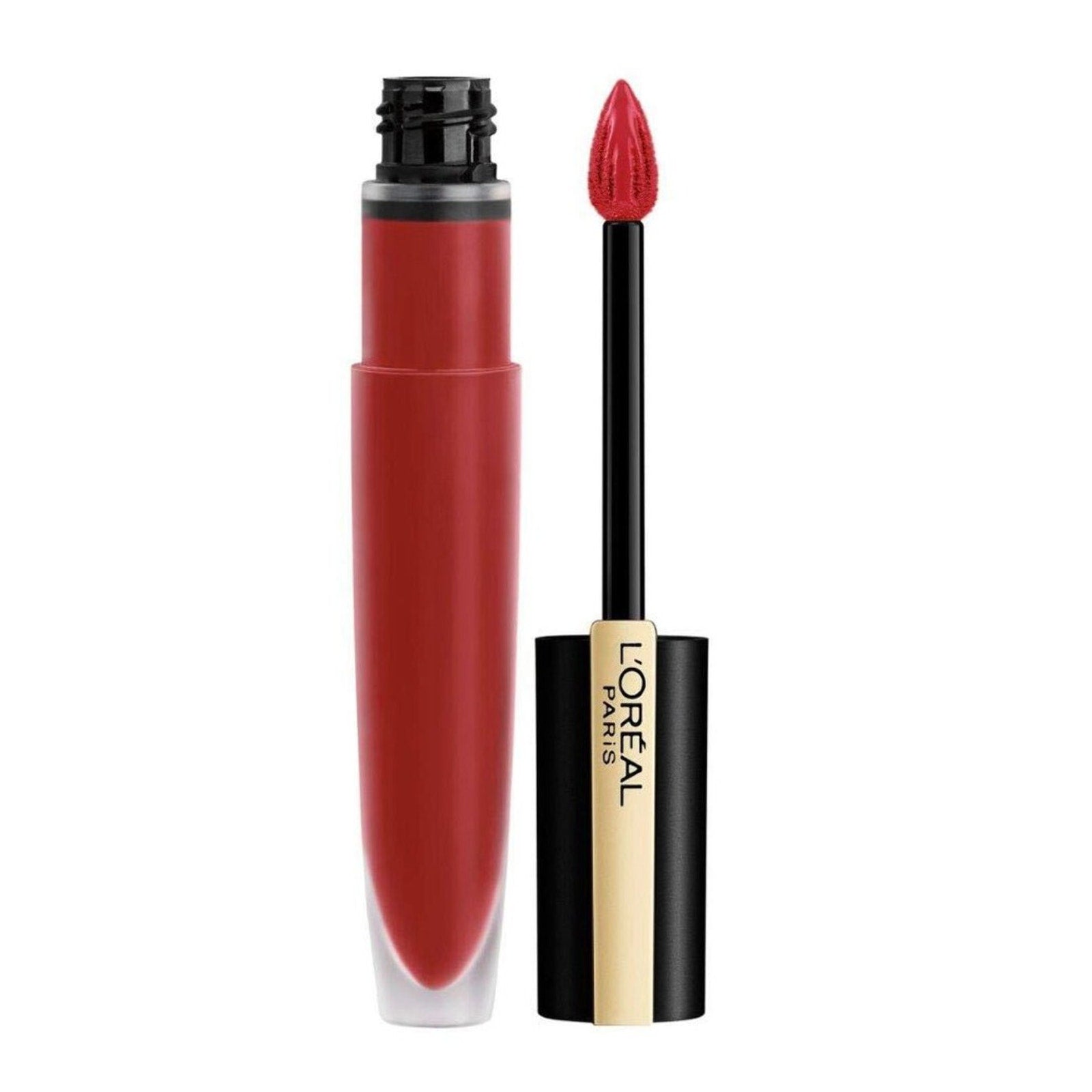 Open tube of red liquid lipstick with black and gold cap, applicator wand showing a pointed doe-foot tip coated in matching red shade, plain white background.