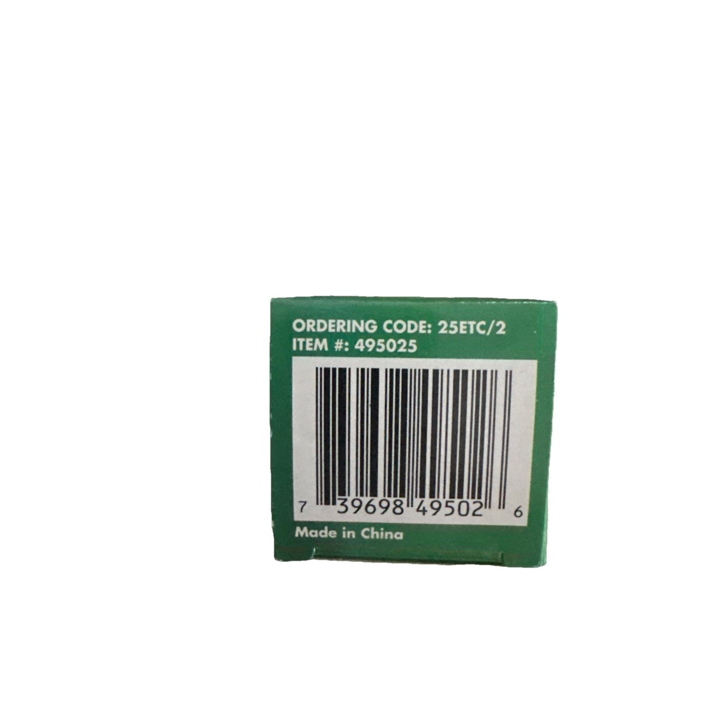 Green product box corner with barcode, ordering code 25ETC/2, item number 495025, and Made in China text