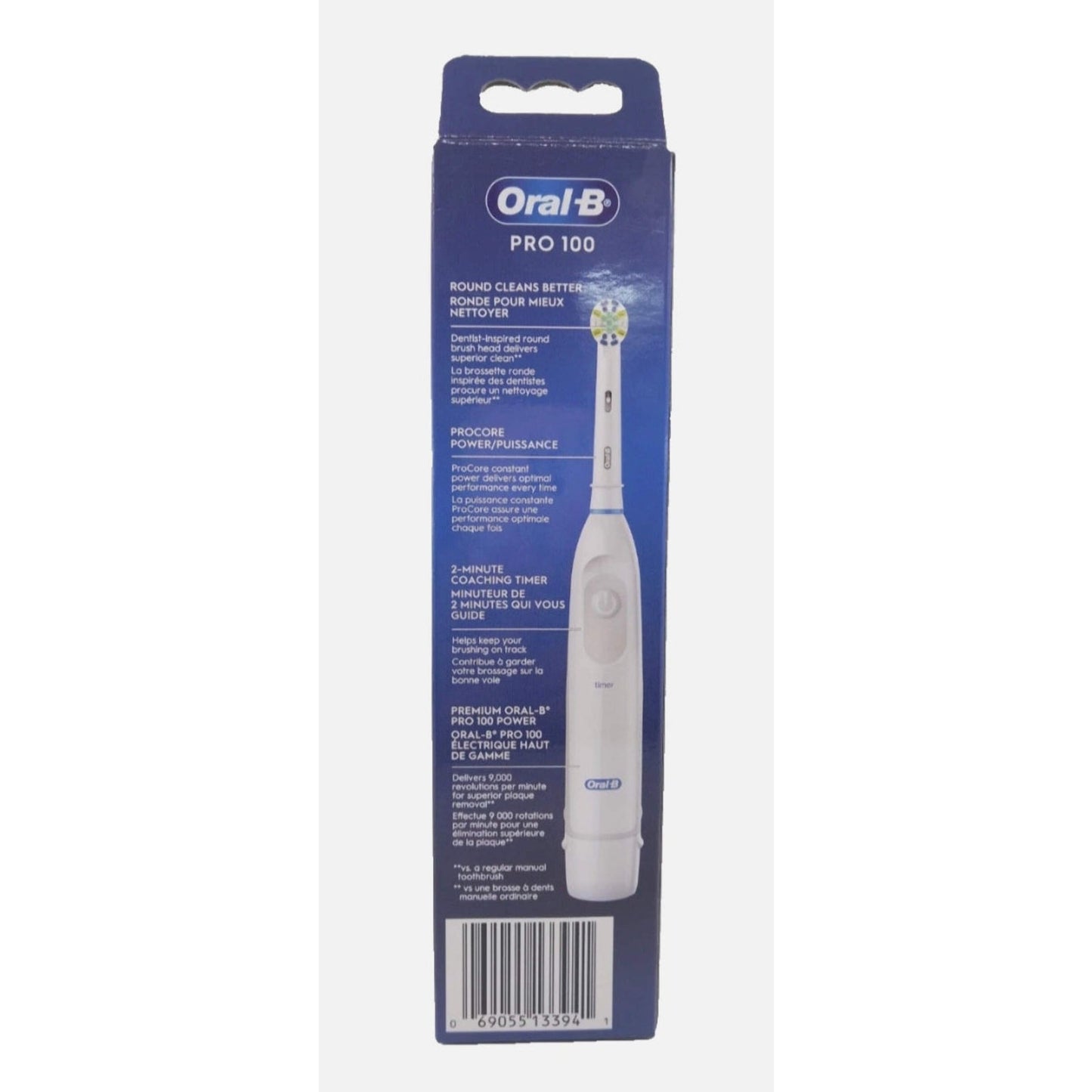Oral-B Pro 100 electric toothbrush packaging showing white toothbrush with round brush head and product features text