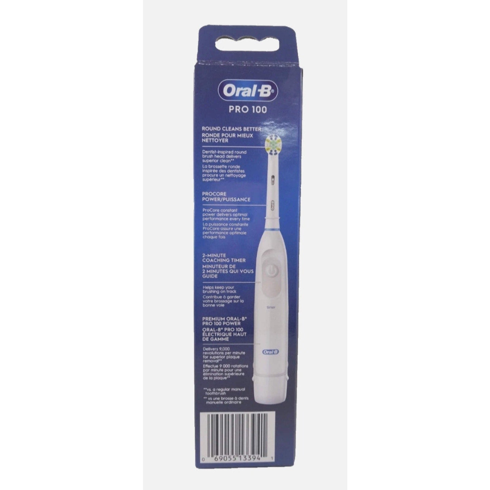 Oral-B Pro 100 electric toothbrush packaging showing white toothbrush with round brush head and product features text
