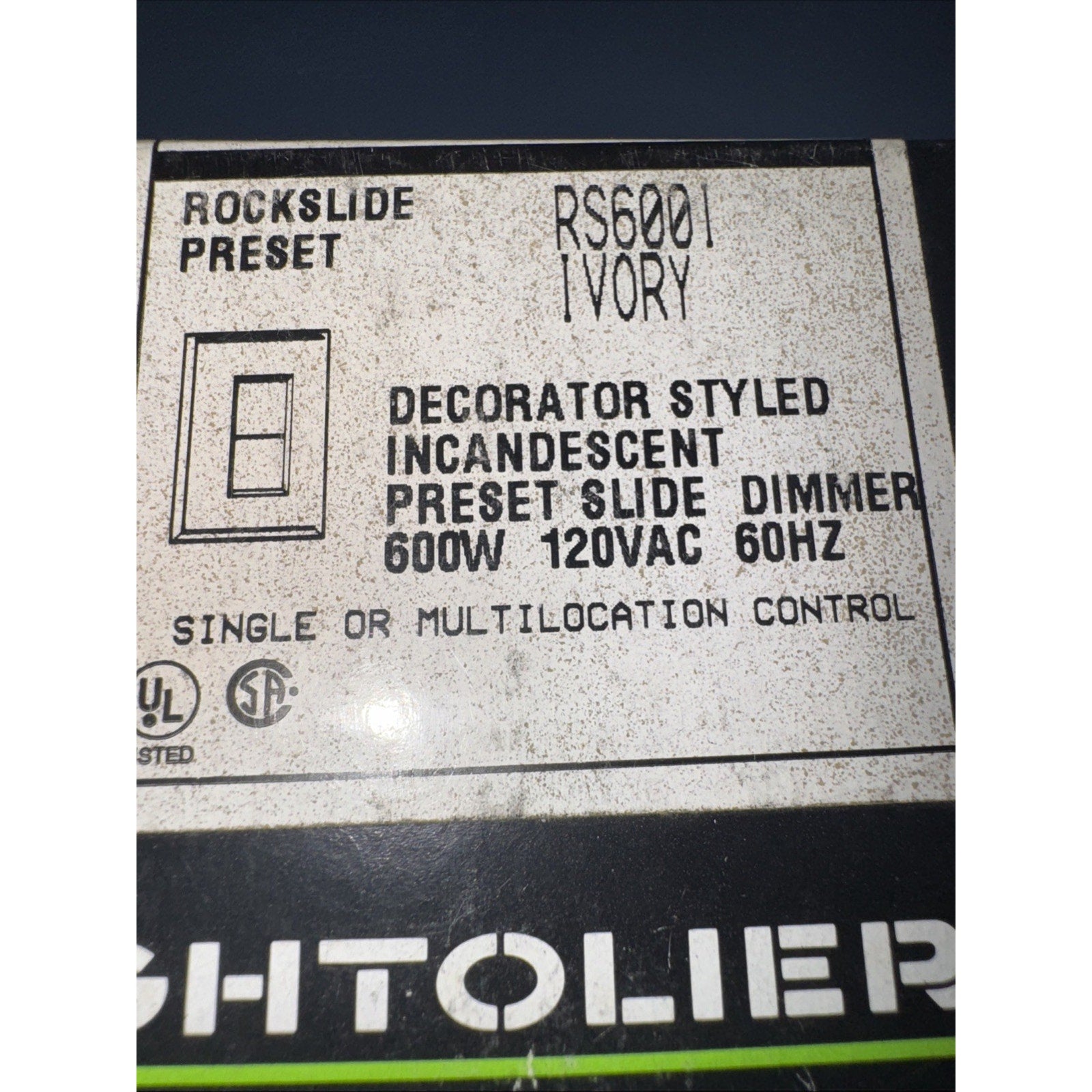 Lighter RS6001 ivory electronic solid state decorator style incandescent preset slide dimmer 600W 120VAC 60Hz label