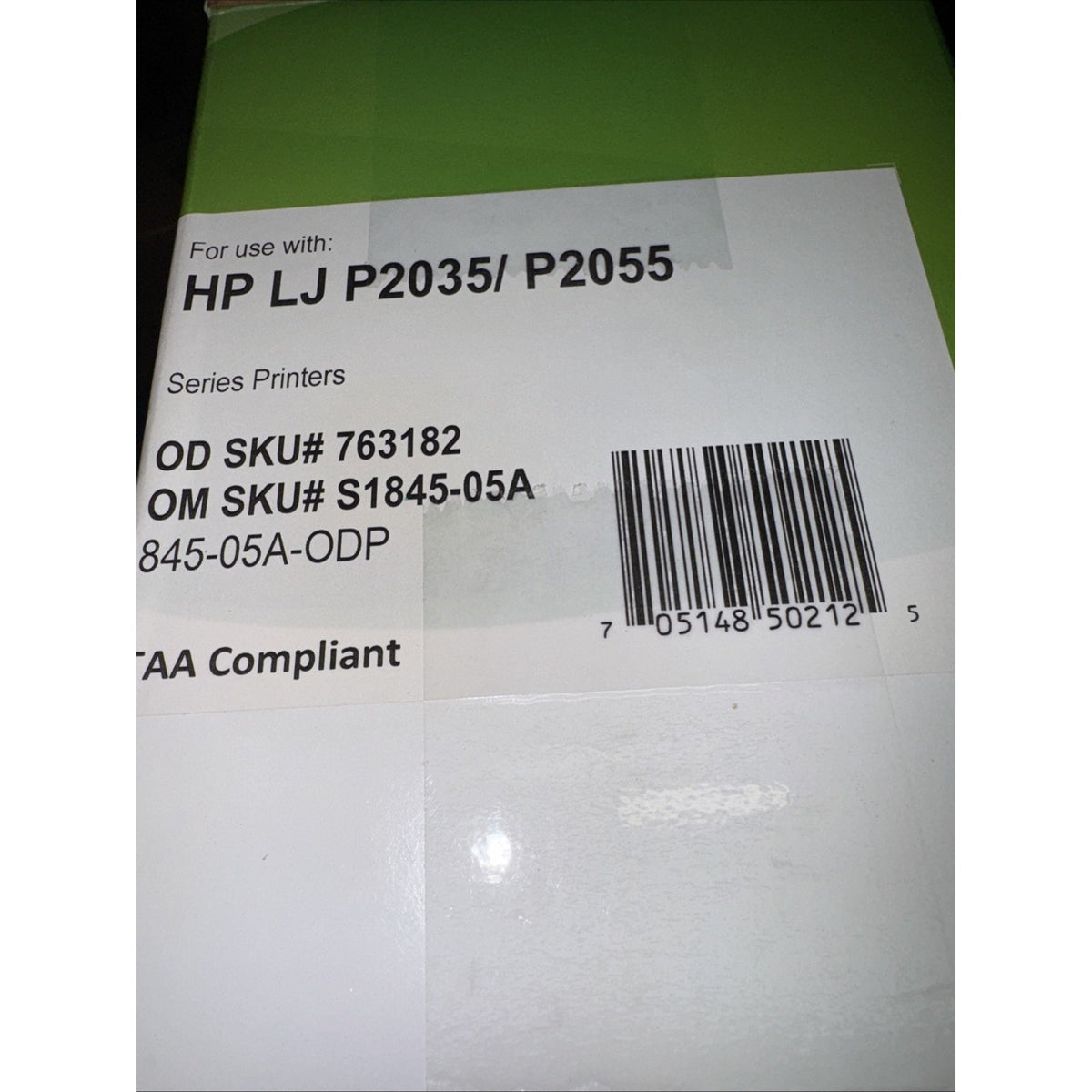 Label on IPW Preserve 845-05A-ODP black toner cartridge box showing compatible HP LJ P2035 and P2055 printers