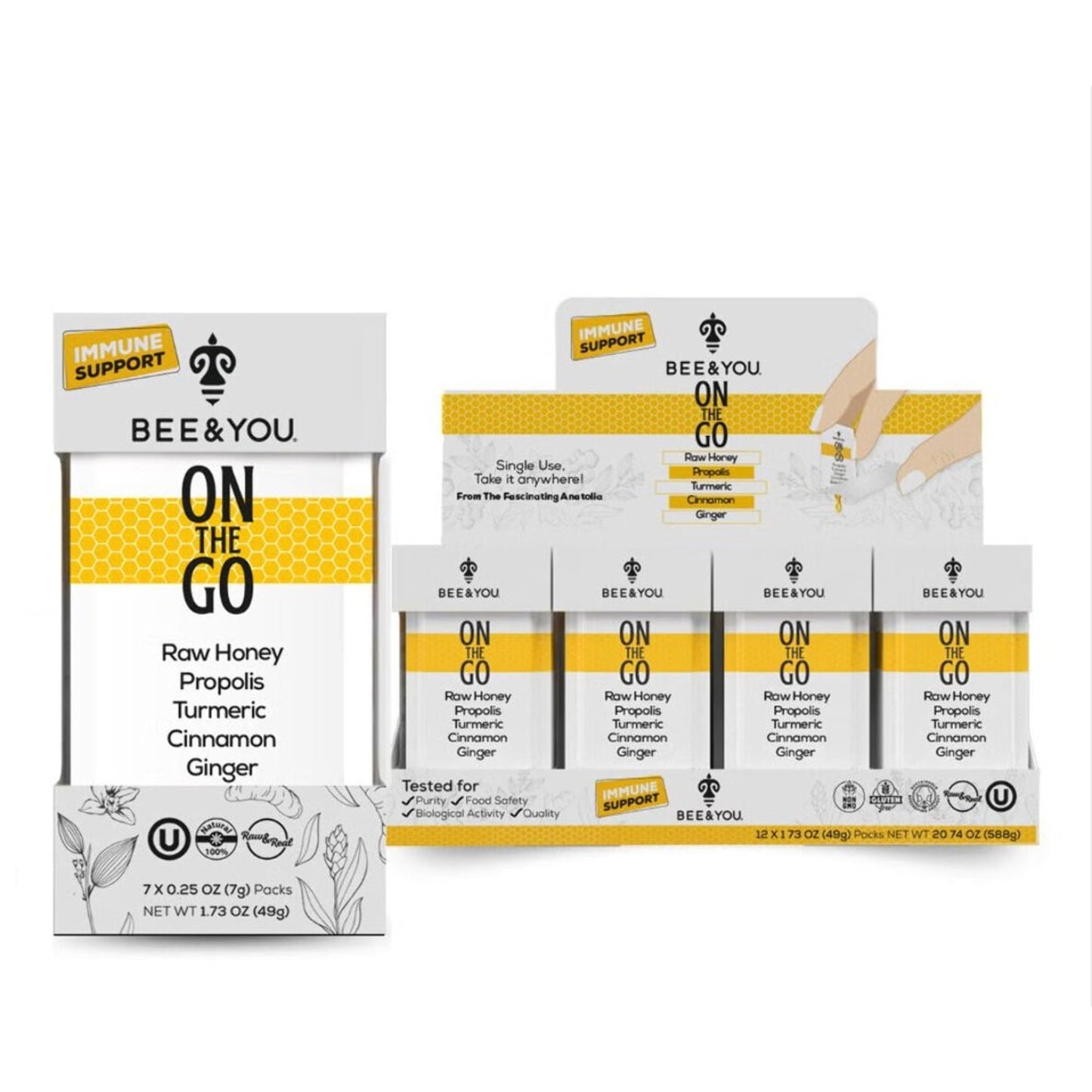 Box and strip pack of Bee & You immune support sachets featuring raw honey, propolis, turmeric, cinnamon, and ginger, with bee-themed black and yellow design on white background.