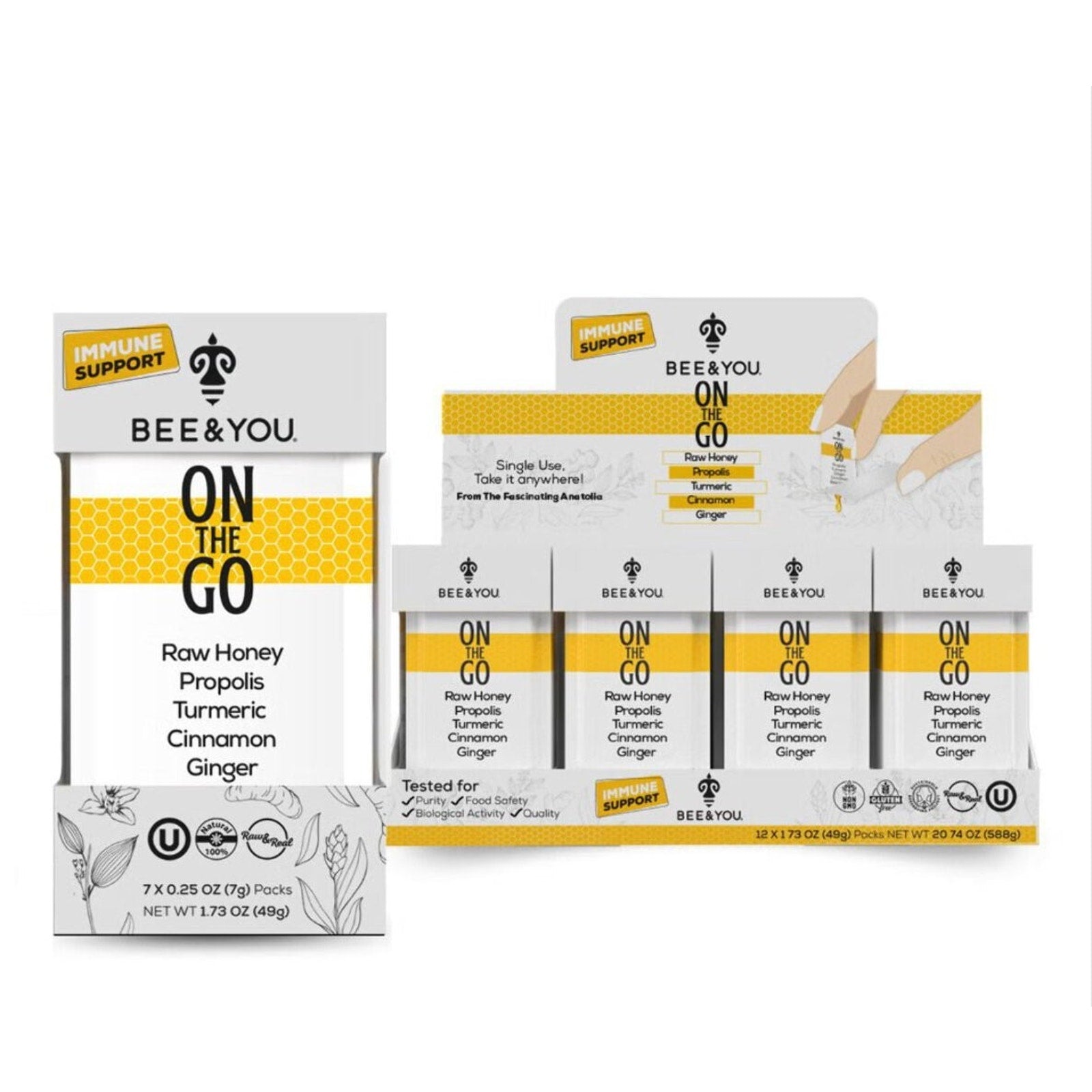 Box and strip pack of Bee & You immune support sachets featuring raw honey, propolis, turmeric, cinnamon, and ginger, with bee-themed black and yellow design on white background.
