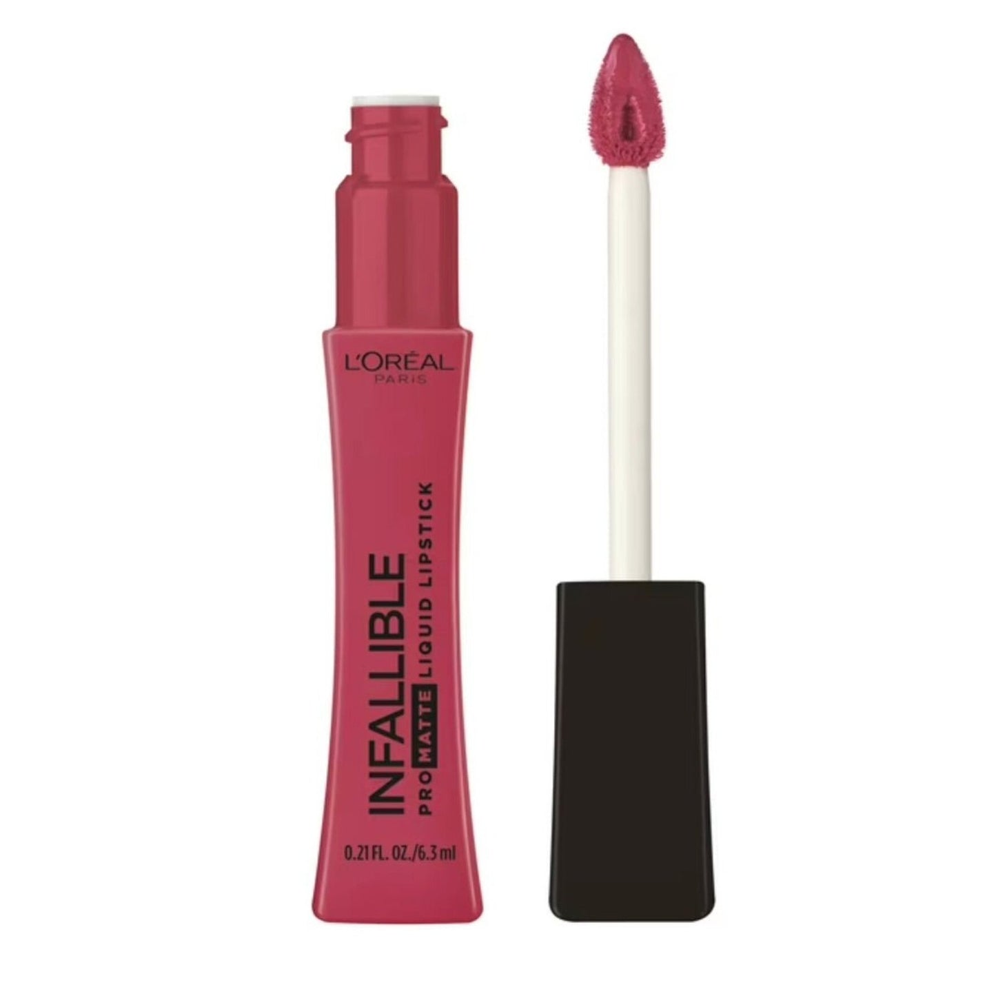 Tube of L'Oréal Paris Infallible Pro-Matte liquid lipstick in a deep rose shade with applicator wand showing a pointed, doe-foot tip coated in matching color.