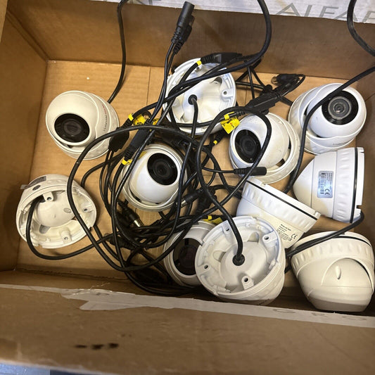 Lot of 11 Boss Security Worldwide U9W-1080P dome surveillance cameras with hardwired RG59 connections in a cardboard box