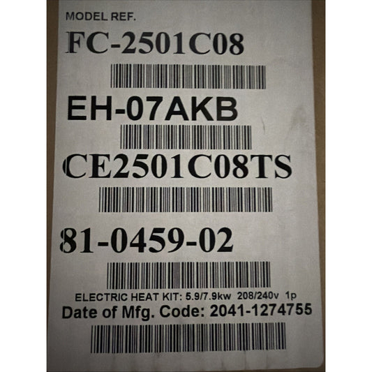 Close-up of a white label on cardboard displaying model and serial numbers, barcodes, and specifications for an electric heat kit with power ratings and manufacturing code.
