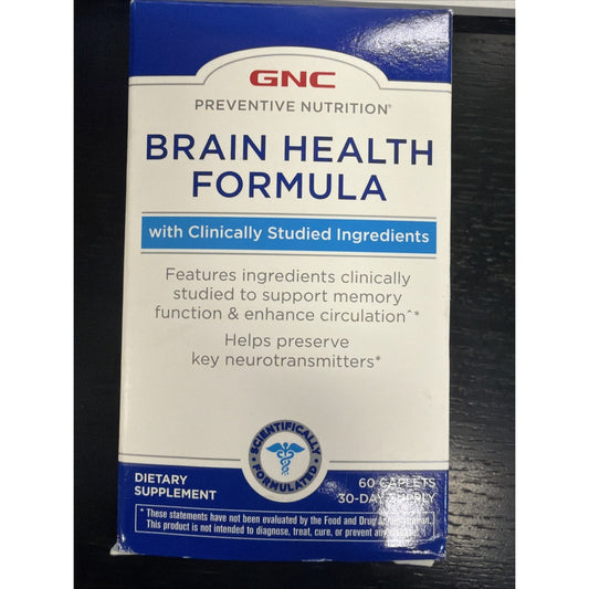 Box of GNC Preventive Nutrition Brain Health Formula dietary supplement featuring clinically studied ingredients to support memory function and circulation, containing 60 caplets.