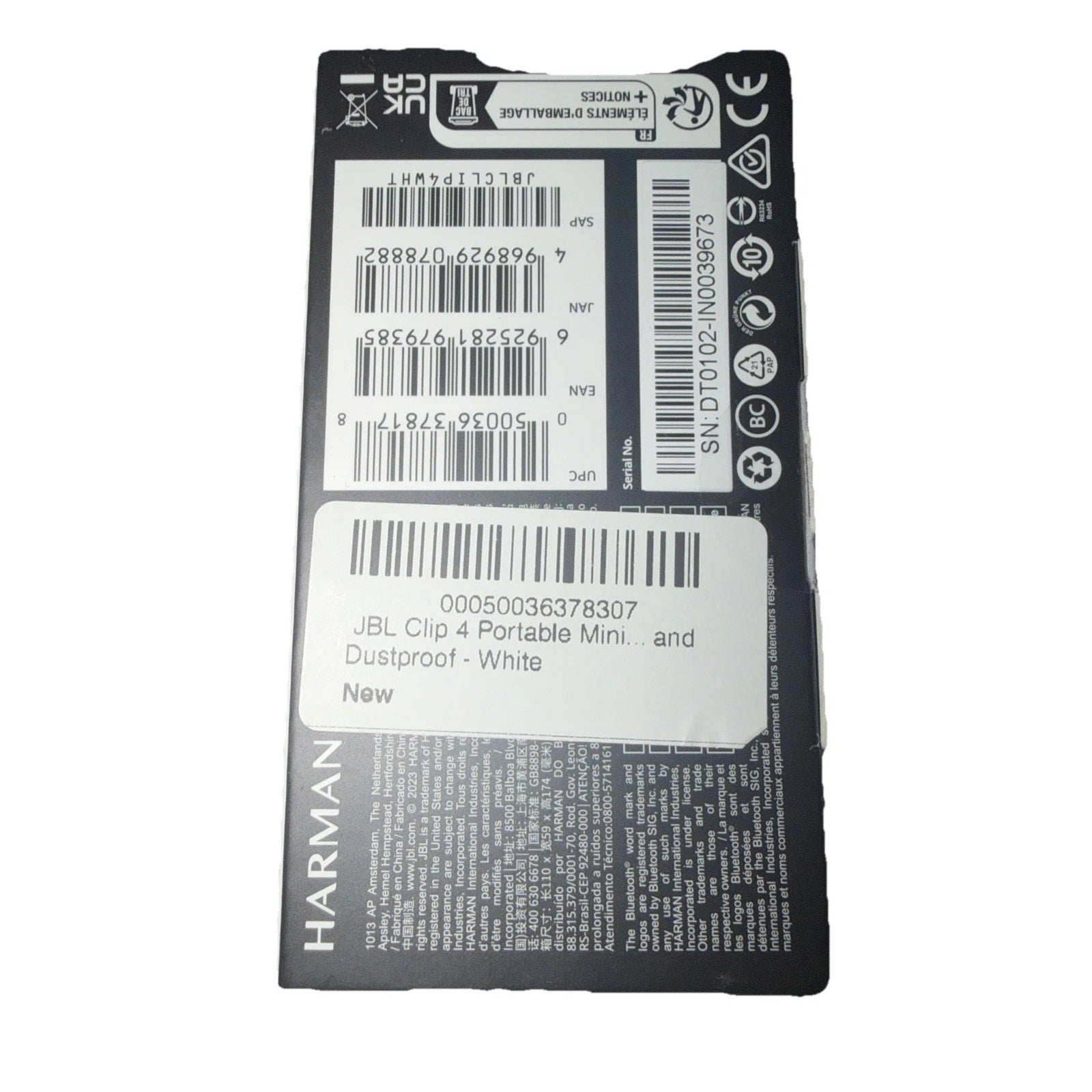 Black and white product packaging label featuring multiple barcodes, regulatory symbols, and a white sticker indicating a white portable, dustproof mini speaker.