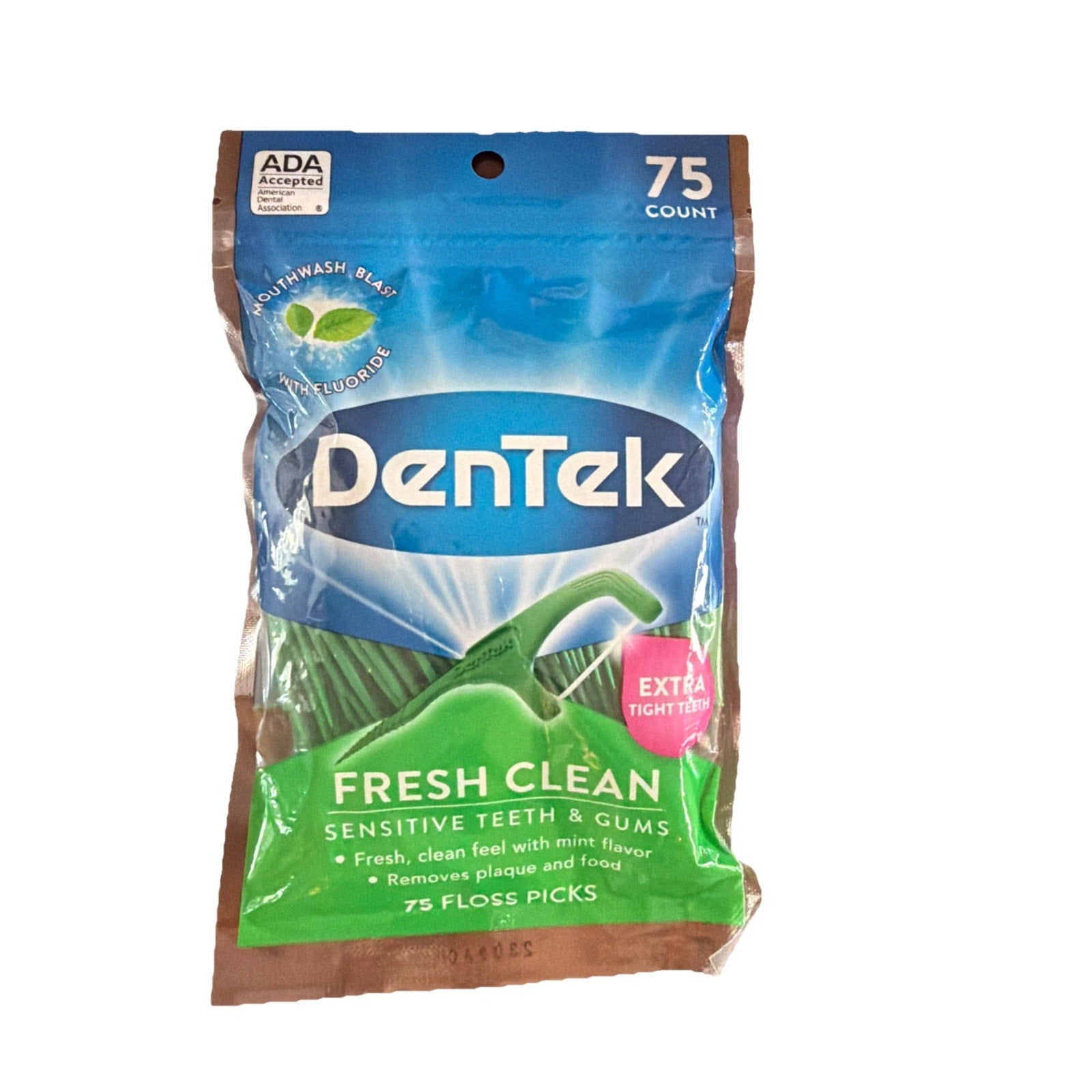 DenTek Fresh Clean Mouthwash Blast floss picks with fluoride 75 count for sensitive teeth and gums packaging