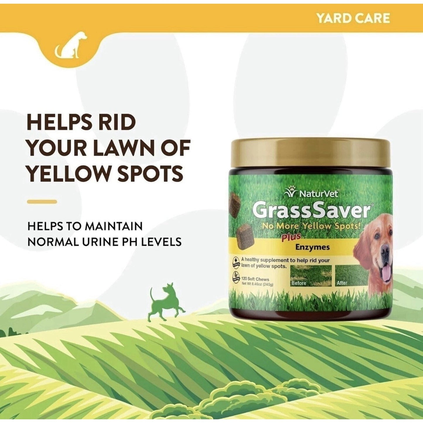 Container of NaturVet GrassSaver Enzymes pet supplement with green grass-themed label and golden lid, positioned next to text promoting lawn care benefits for yellow spots caused by pet urine.