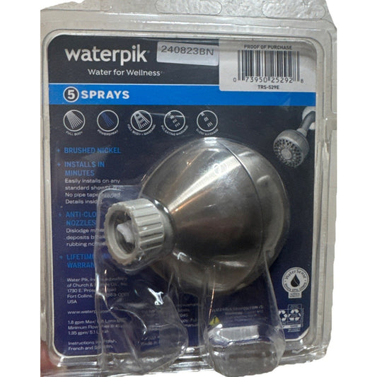 Waterpik Elements fixed mount shower head with 5 spray settings in brushed nickel, anti-clog nozzles, and easy installation