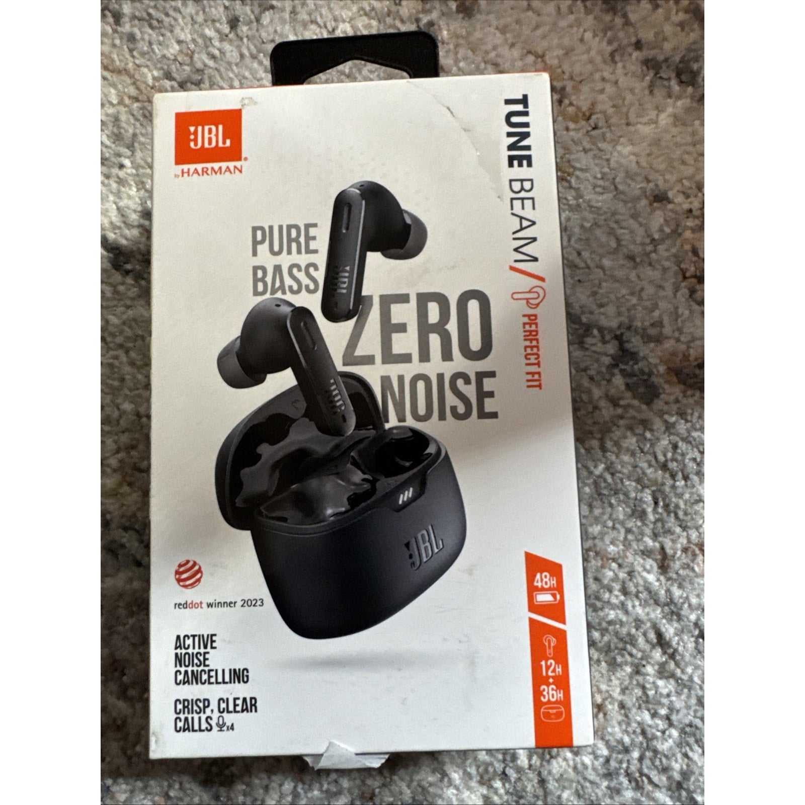 JBL Tune Beam black wireless earbuds with charging case showing pure bass and active noise cancelling features