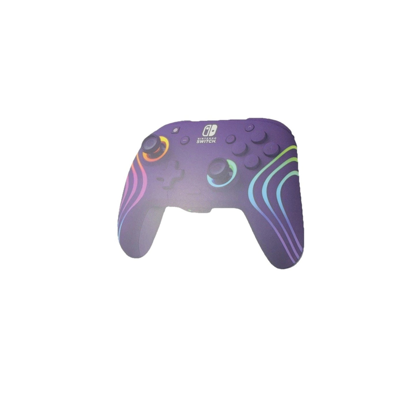 Purple Nintendo Switch wireless controller with colorful wave patterns in orange, blue, green, and purple, featuring dual thumbsticks and multiple buttons.