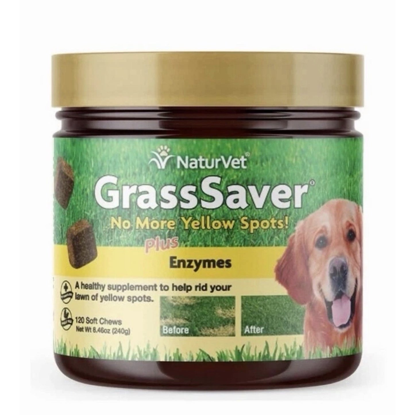 Brown plastic jar with a gold lid containing NaturVet GrassSaver soft chews, featuring a label with green grass background, images of chews, a golden retriever, and before-and-after lawn photos.
