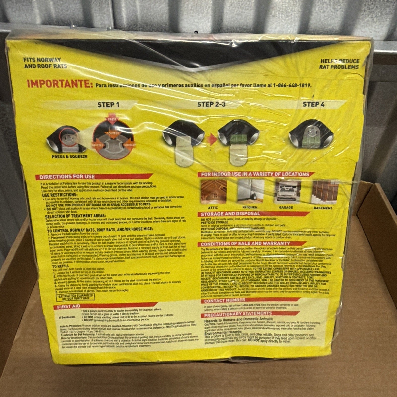 Back of a yellow product box with detailed instructions and safety warnings for use, including step-by-step images, storage advice, and first aid information.