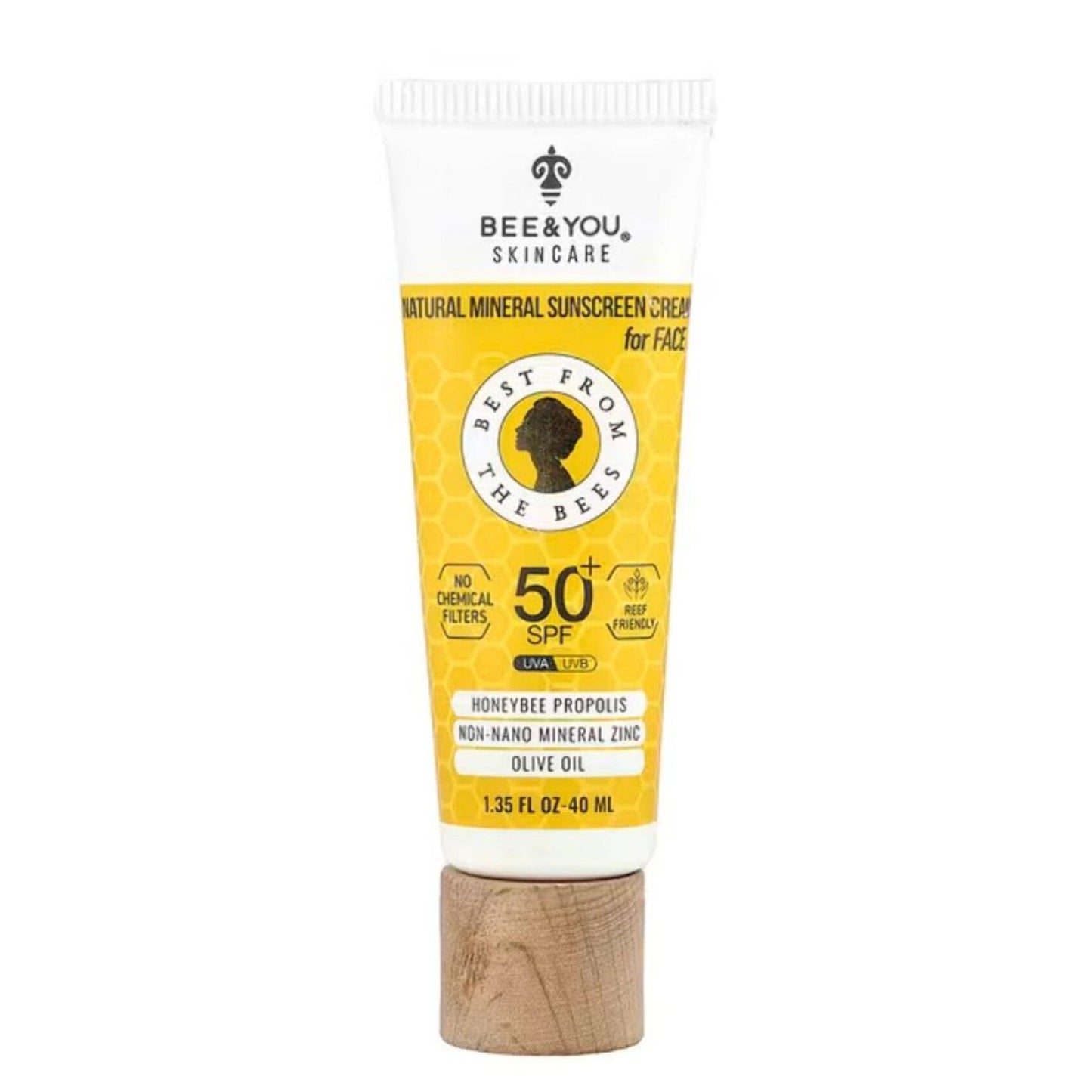 Tube of Bee & You natural mineral sunscreen cream for face with honeybee propolis, non-nano mineral zinc, olive oil, 50+ SPF, eco-friendly formula, and wooden-textured cap on white background.