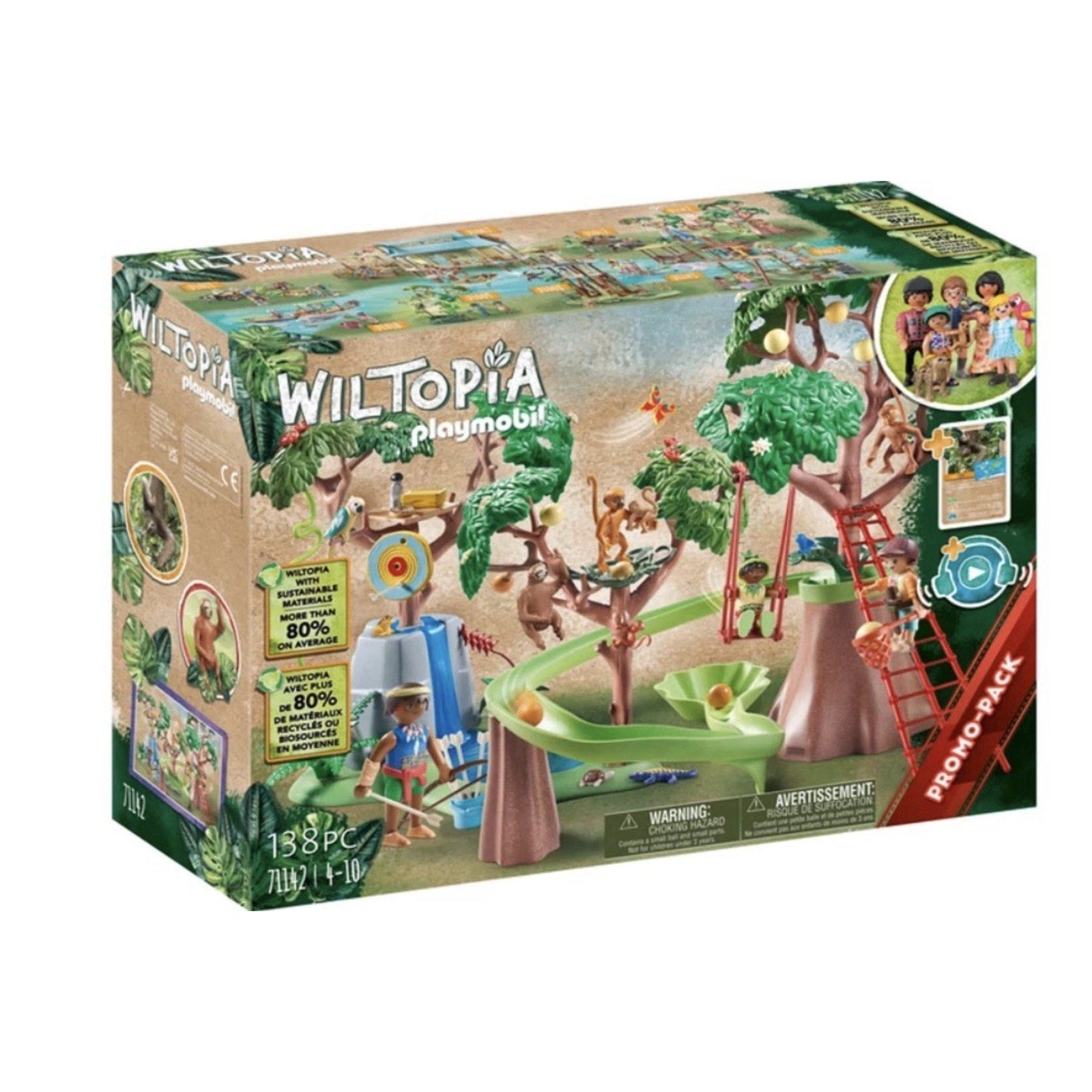Playmobil WILTOPIA playset box featuring a nature-themed treehouse with green slides, ladders, monkeys, and child figures in an outdoor forest setting, labeled as a 138-piece promo pack.