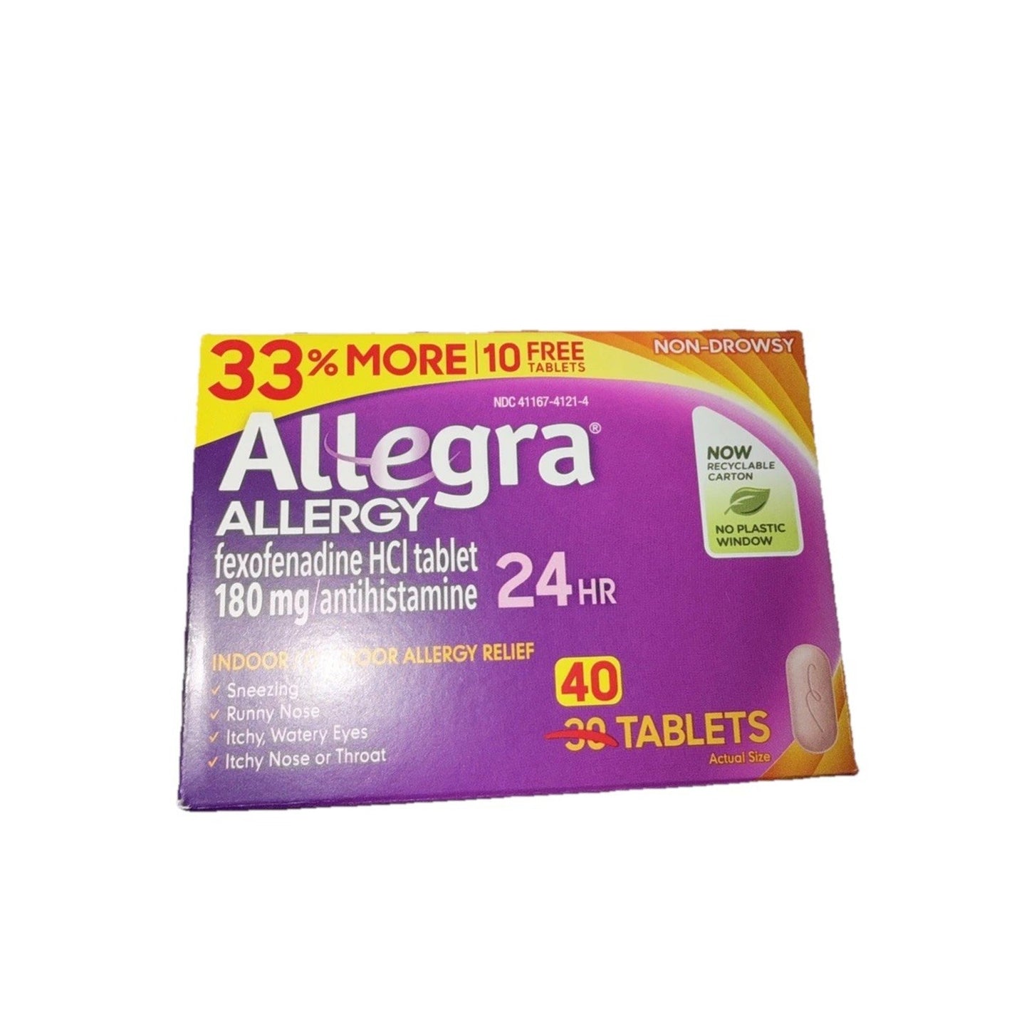 Box of Allegra Allergy medication containing 40 non-drowsy fexofenadine HCl 180 mg tablets, featuring purple and orange packaging with dosage and allergy symptom information.