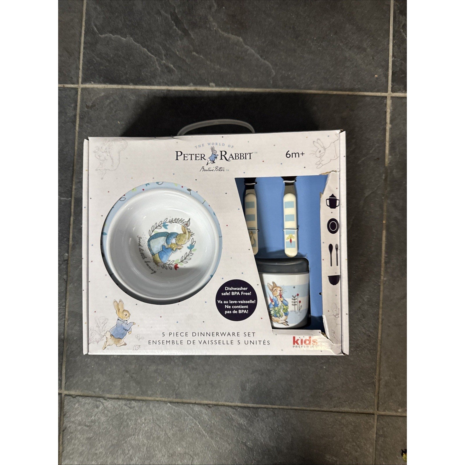 Beatrix Potter Peter Rabbit 5 piece kids dinnerware set with bowl, cup, spoon, fork, and knife in packaging
