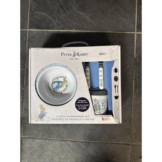 Beatrix Potter Peter Rabbit 5 piece kids dinnerware set with bowl, cup, spoon, fork, and knife in packaging