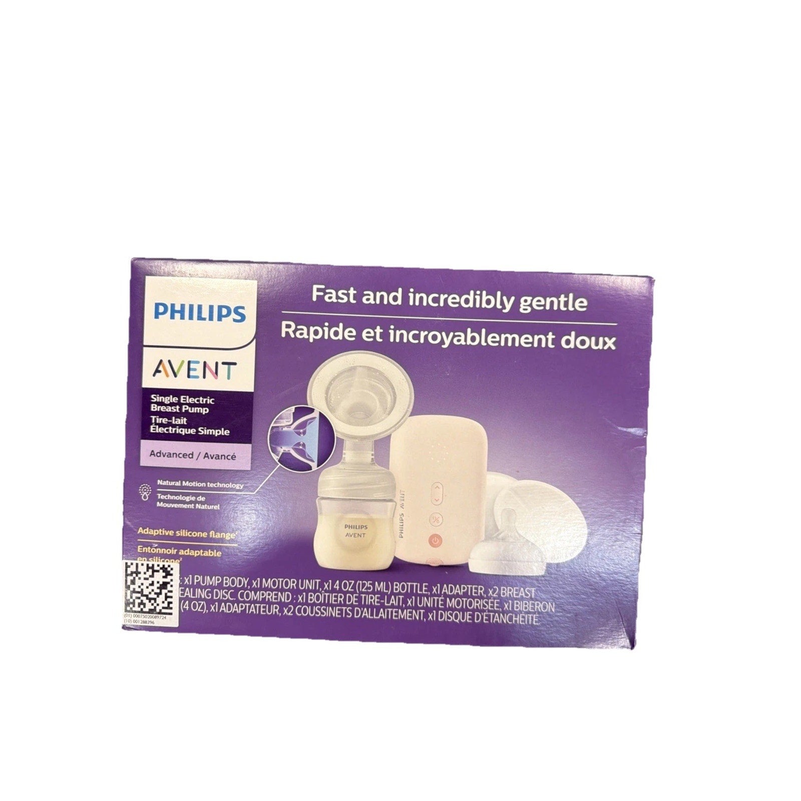 Purple and white packaging for a Philips Avent single electric breast pump featuring an image of the pump, bottle, motor unit, and breast pads with text highlighting fast and gentle operation.