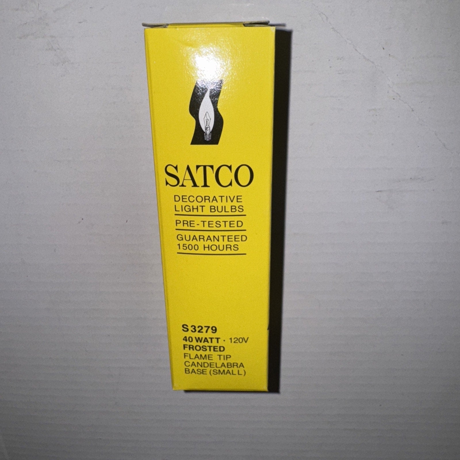 Yellow Satco S3279 box for 40W 120V frosted flame tip candelabra base decorative light bulb