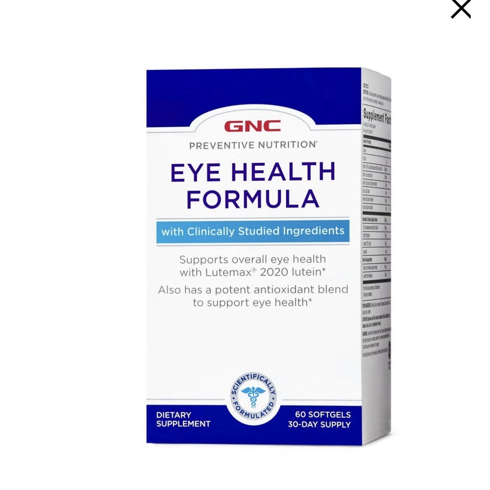 Box of GNC Preventive Nutrition Eye Health Formula dietary supplement, featuring clinically studied ingredients, antioxidant blend, and a 30-day supply of 60 softgels.
