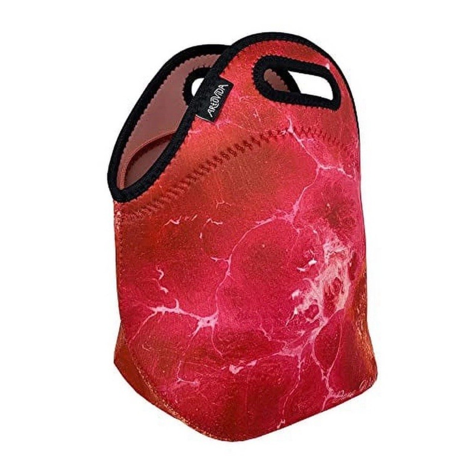 Artovida red marble neoprene lunch bag with black trim and built-in handle for food storage and transport