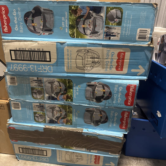 Stack of Fisher-Price On-the-Go Baby Dome play shades in blue boxes showing portable shaded baby chairs