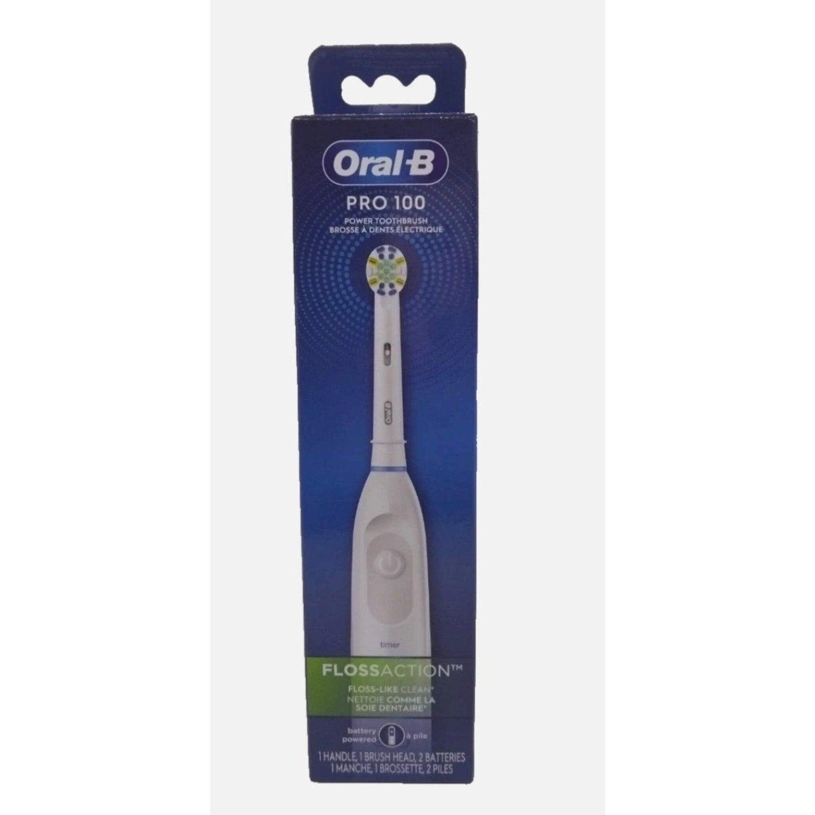 Oral-B Pro 100 electric toothbrush with Floss Action bristles in blue and white packaging box front view