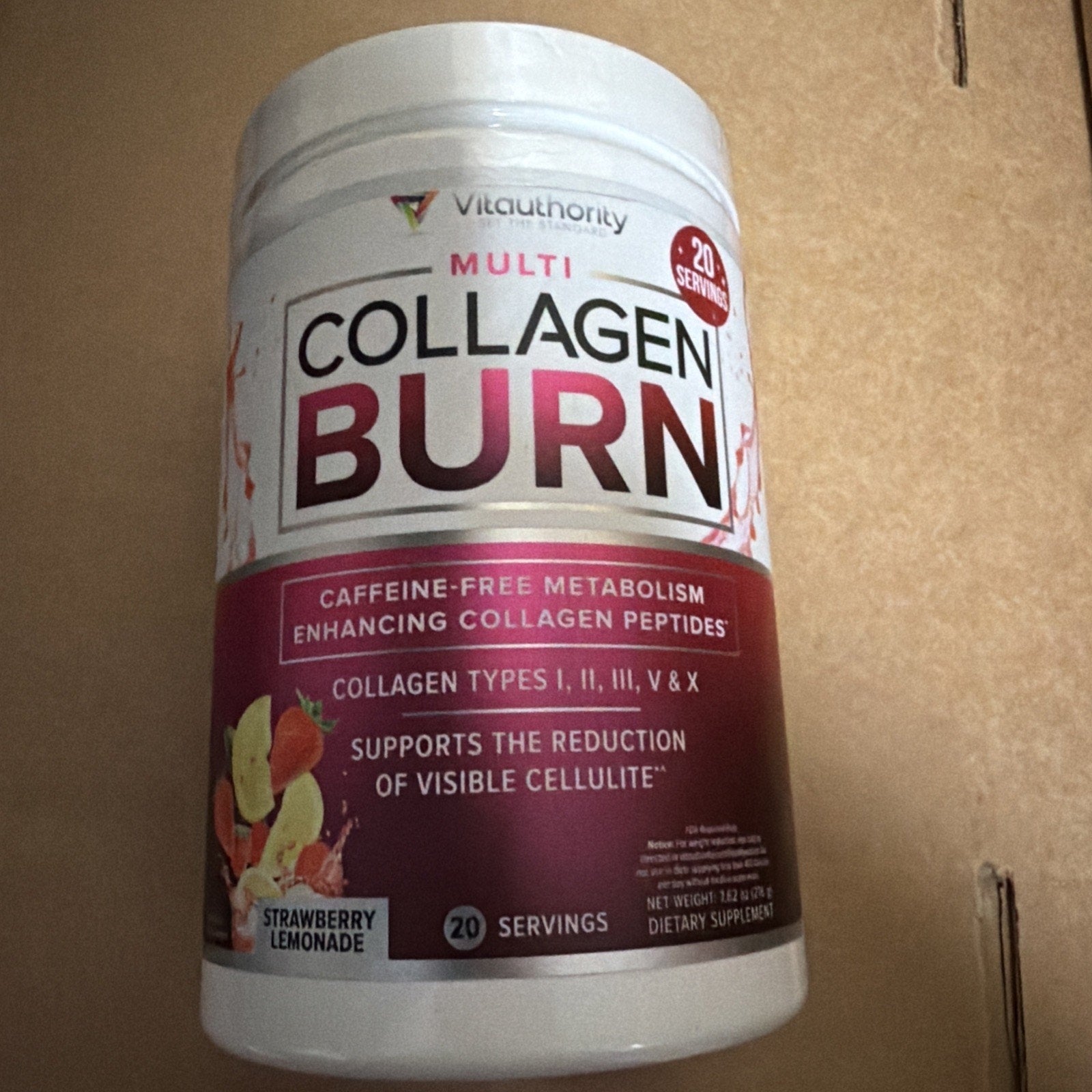 White plastic container of multi collagen burn supplement with strawberry lemonade flavor, highlighting caffeine-free metabolism support, collagen peptides, and cellulite reduction benefits.