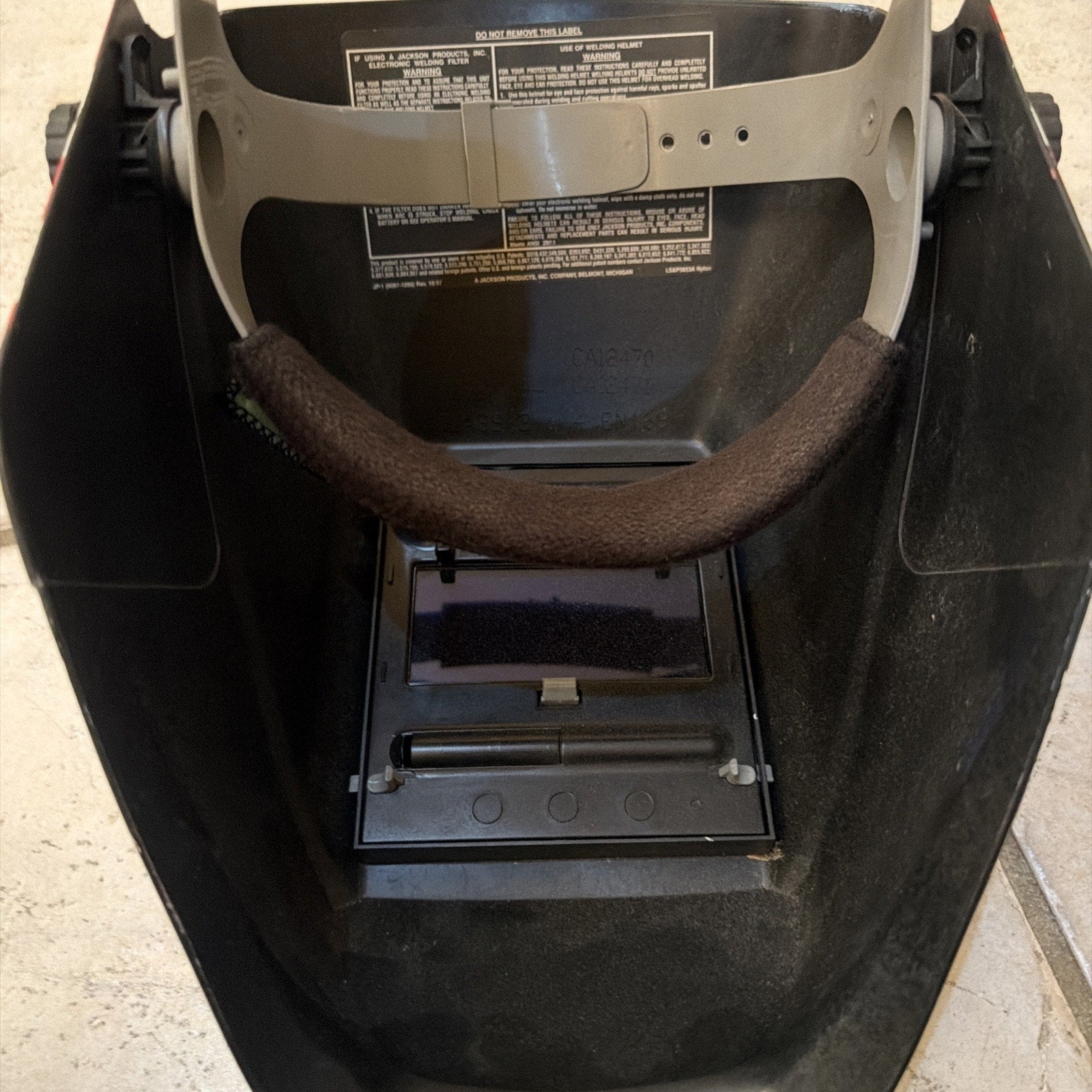 Interior view of Jackson Safety HSL100 Glory Welding Helmet showing adjustable headgear and auto-darkening lens panel