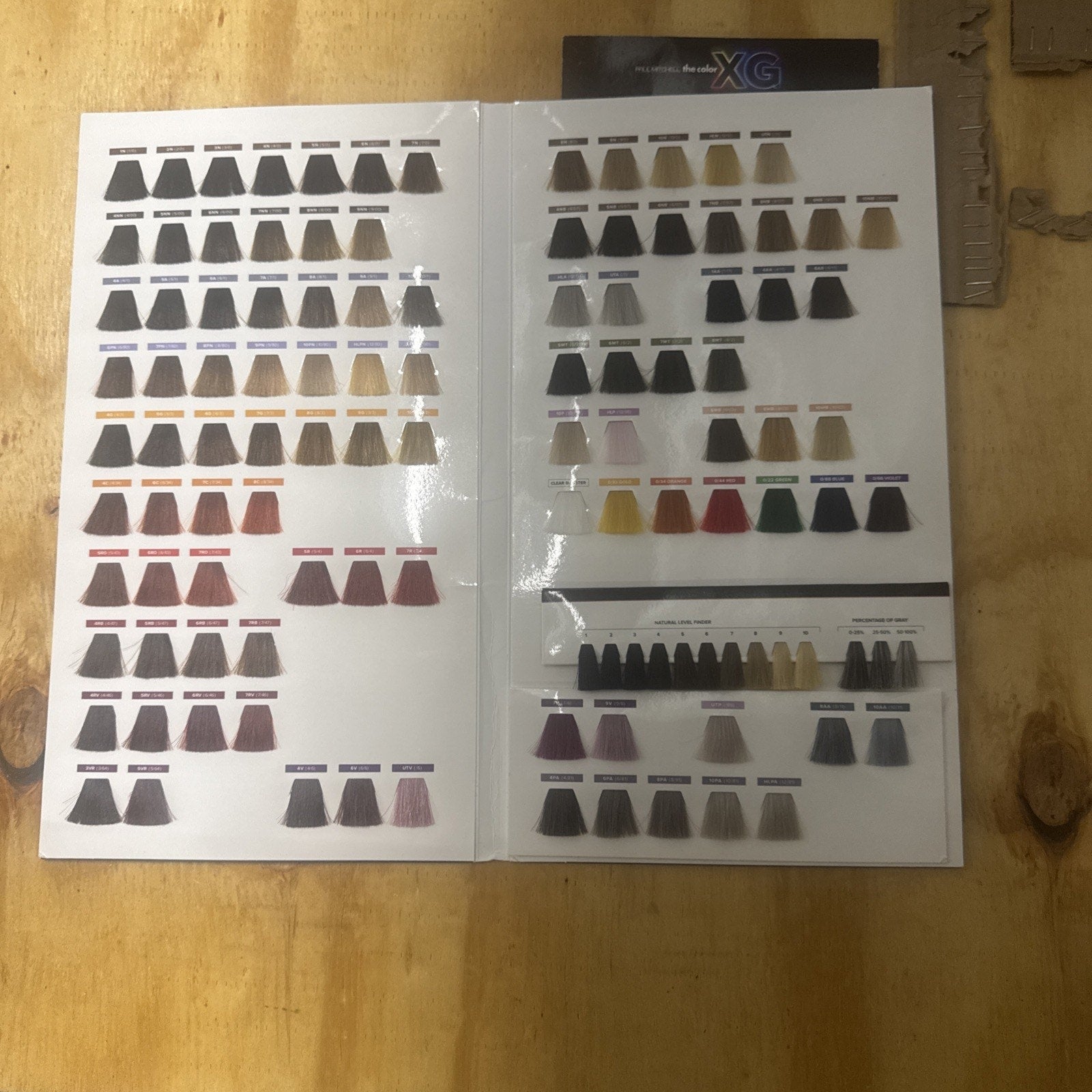 Paul Mitchell The Color XG Swatch Book showing hair coloring sample shades on two open pages against wooden background