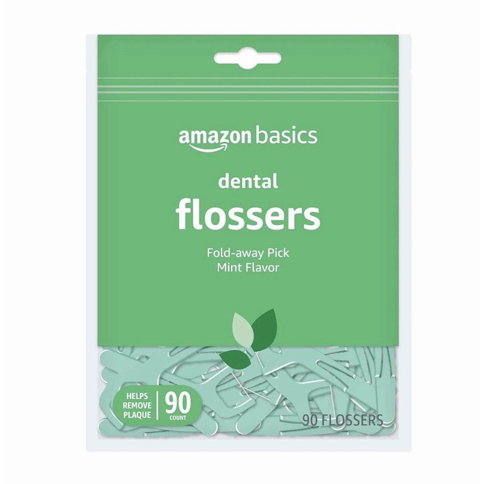 Amazon Basics mint flavored dental flossers pack with 90 fold-away picks helps remove plaque