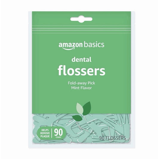 Amazon Basics mint flavored dental flossers pack with 90 fold-away picks helps remove plaque
