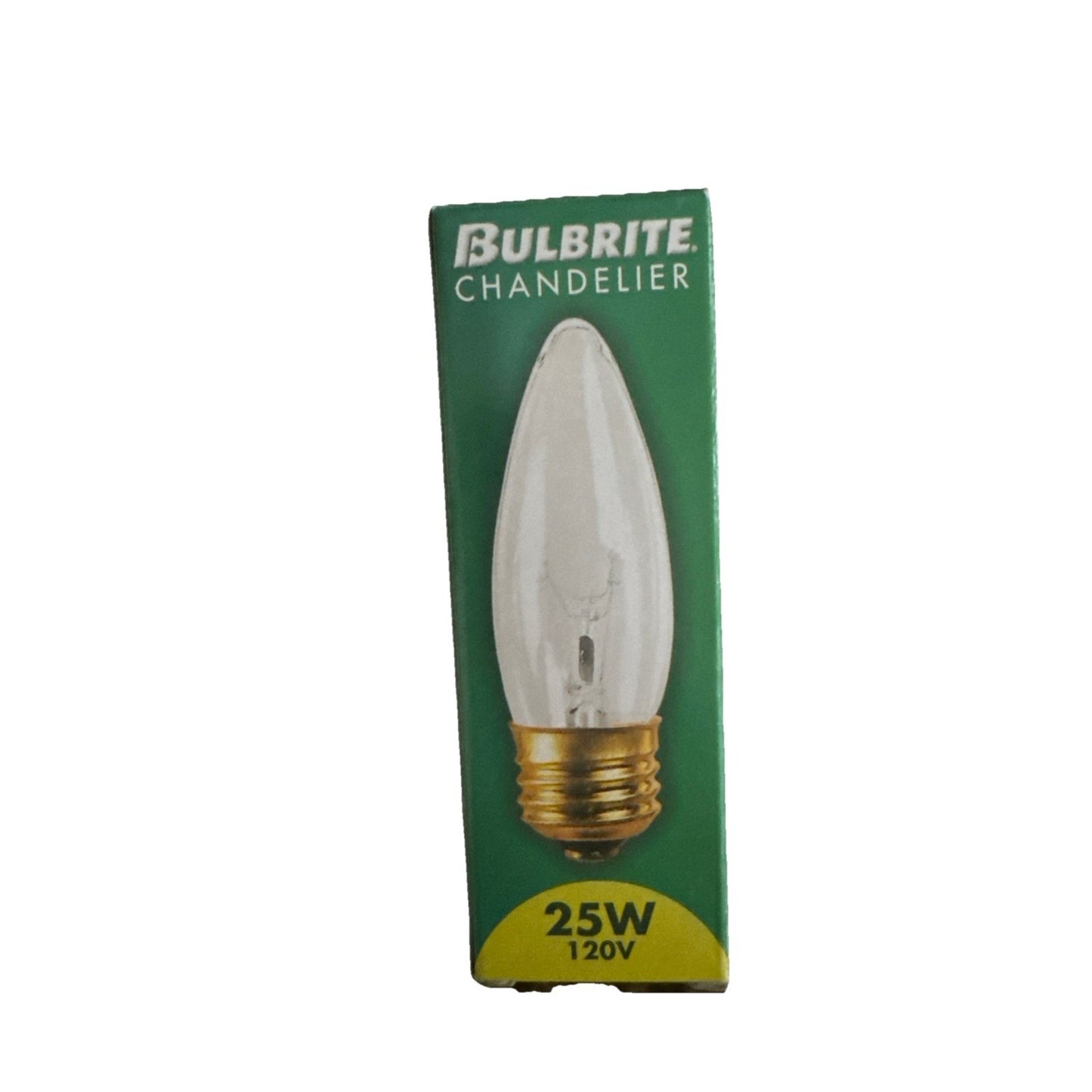 Bulbrite Chandelier 25W 120V clear torpedo light bulb with standard base in green and yellow packaging box