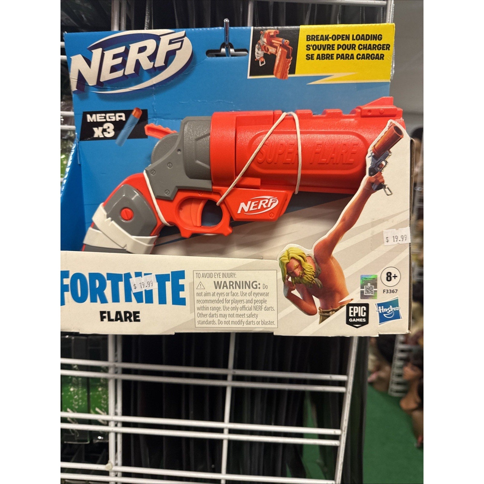 Nerf Fortnite Flare toy break-open loading dart blaster in red and gray with packaging showing character image and branding
