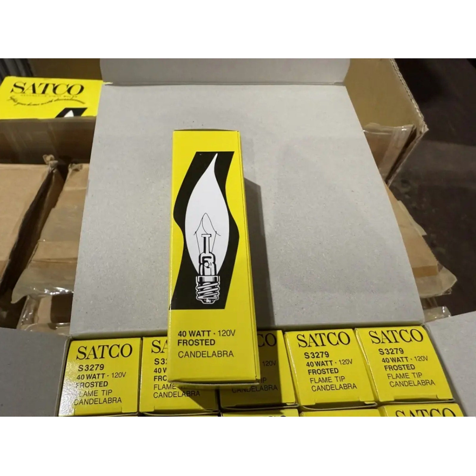 Satco S3279 frosted flame tip 40W 120V candelabra base bulbs box and multiple boxes in cardboard case