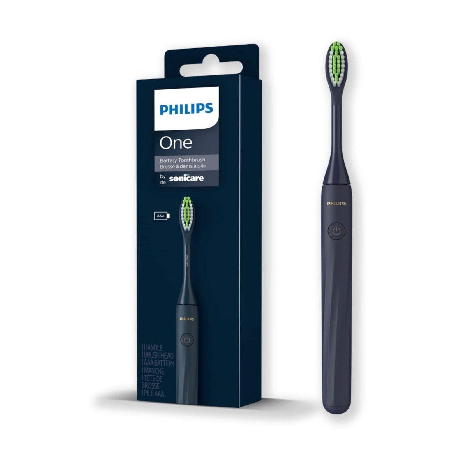 Philips One black Sonicare electric toothbrush with soft bristles and AAA battery shown with retail packaging