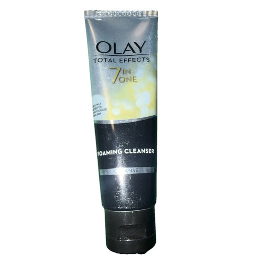 Silver and black tube of Olay Total Effects 7 in One Foaming Cleanser with a shiny finish, standing upright on a white background.