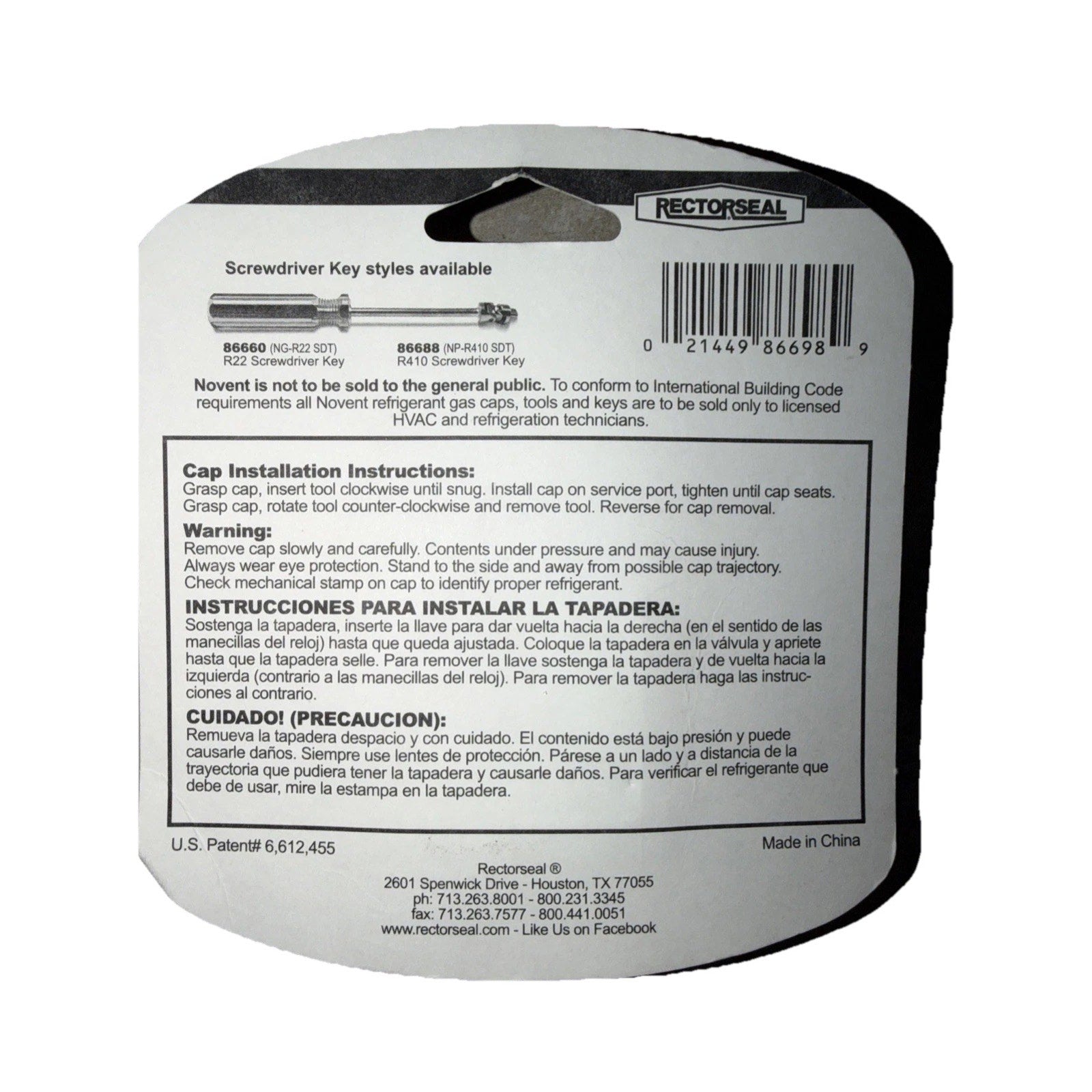 Rectorseal product packaging card showing screwdriver key styles available, installation instructions, safety warnings, and bilingual text in English and Spanish with barcode on a white background.