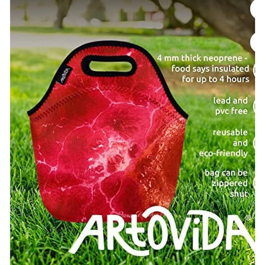 Red neoprene Artovida insulated lunch bag with handle, zipper closure, eco-friendly and reusable design