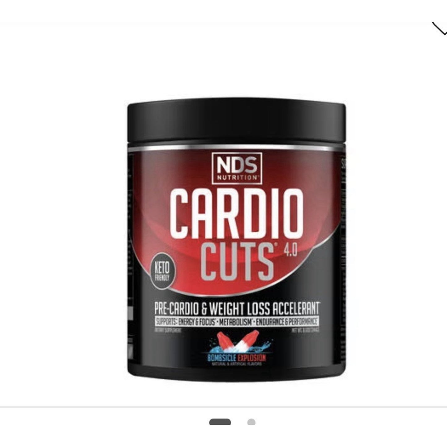 Black and red container of NDS Nutrition Cardio Cuts 4.0 pre-cardio and weight loss accelerator supplement with keto-friendly label and benefits for energy, metabolism, and endurance.