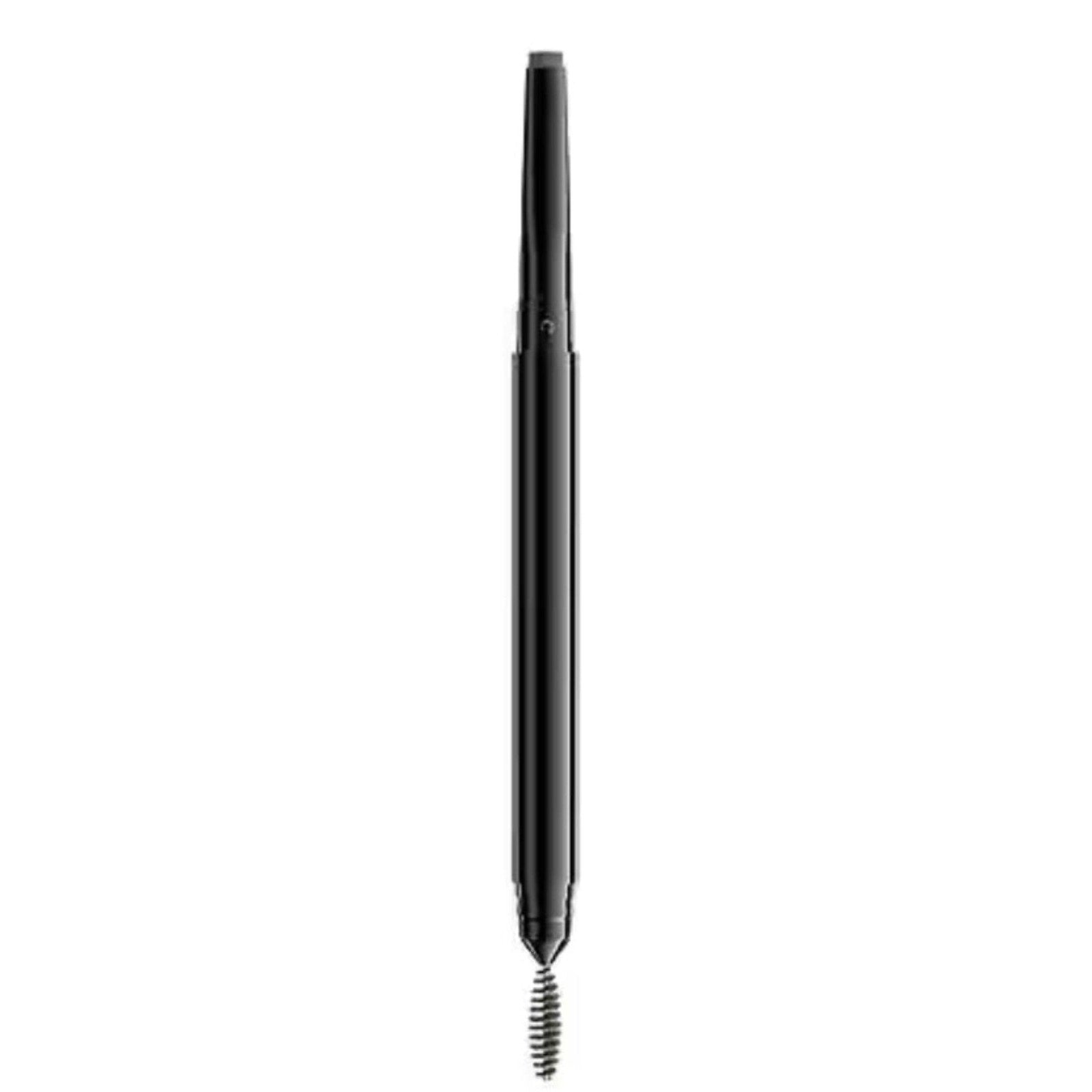 Slim black retractable eyebrow pencil with spoolie brush on one end and angled tip on the other, designed for precise makeup application.