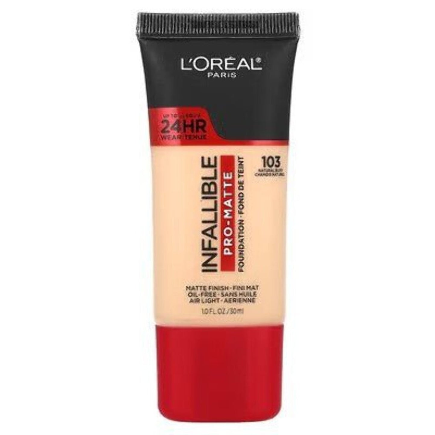 Tube of L'Oréal Paris Infallible Pro-Matte foundation in shade 103 Classic Beige with black cap and red accents, featuring 24-hour wear and matte finish claims.