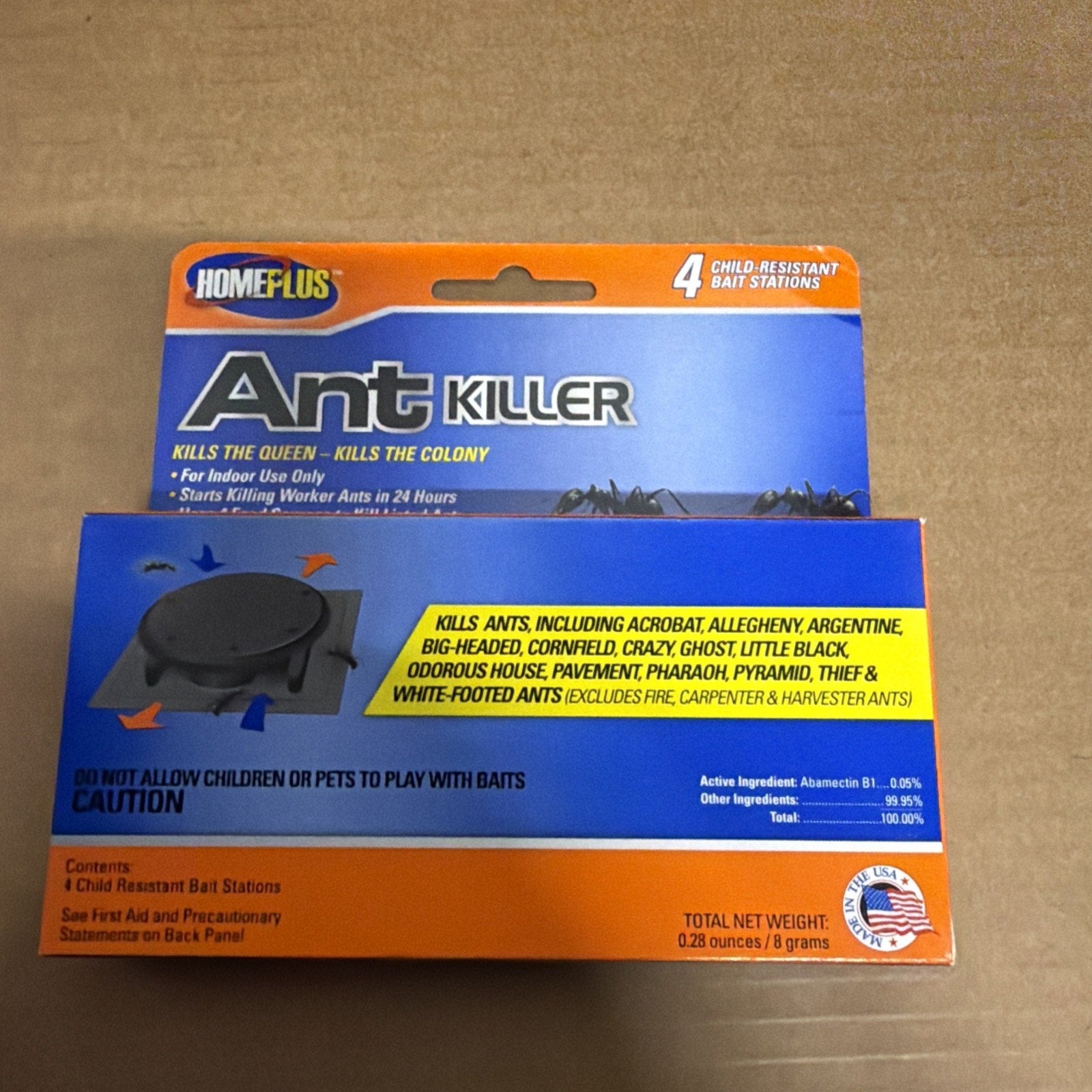 Retail packaging of HOMEPLUS ant killer showing four child-resistant bait stations, specifying effectiveness against various ant species and listing active ingredients with usage warnings.