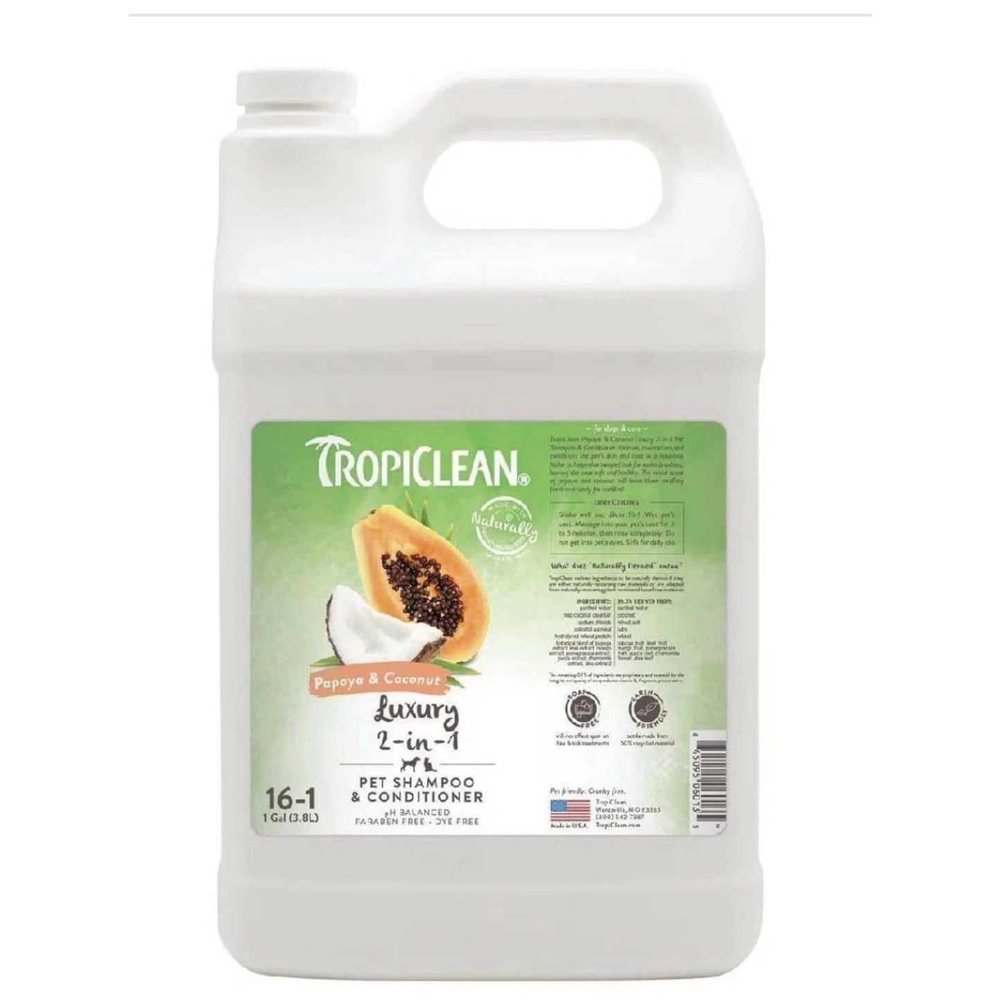 White plastic gallon jug of TropiClean pet shampoo and conditioner with a green label featuring images of papaya and coconut, product details, and branding text on a plain background.