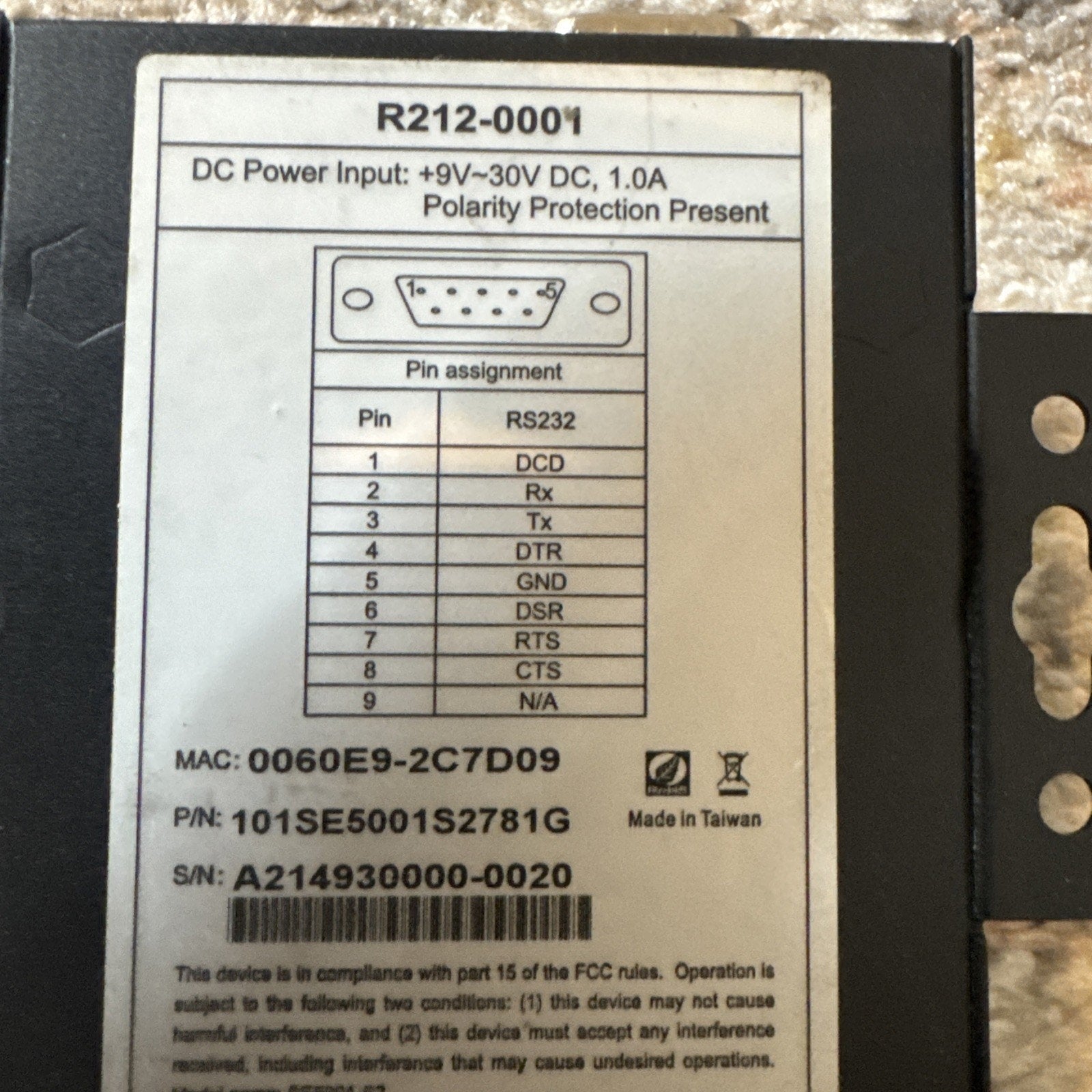 Revel Orbit and Guard scanner device label showing pin assignment, power input, MAC, part, and serial numbers